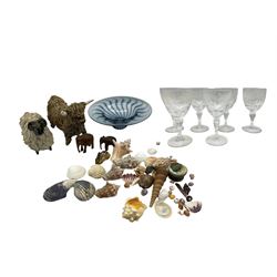 Glass pedestal bowl of wrythen form with blue inclusions by Topglass, pair of Spaghetti ware animals, quantity of shells together with glasses etc. in two boxes