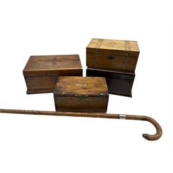 Early 20th century oak collection box with brass mounts, Victorian Tunbridge ware banded work box, two other boxes and a 19th/ early 20th century walking stick with white metal collar (5)