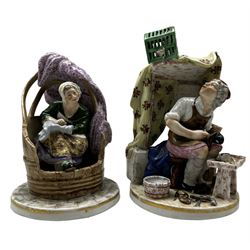 Pair of 19th century French porcelain figures by Samson, modelled as a Cobbler whistling to a bird in a cage and his wife seated in a barrel, H22.5cm max