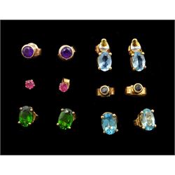Six pairs of 9ct gold stone set stud earrings, including sapphire, topaz and amethyst 