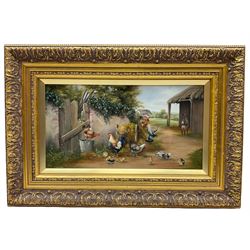 Carl Whitfield (British 1958-): Chickens and Chicks by a Farm Gate watched by a Donkey, oil on canvas signed 24cm x 45cm