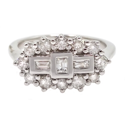 18ct white gold brilliant cut and baguette cut diamond cluster ring, hallmarked, diamond total weight 0.75 carat