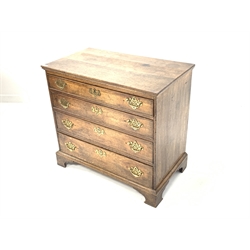 George III oak chest, fitted with four long graduated cock beaded drawers and pierced brass pull handles, raised on shaped bracket supports, W87cm, H80cm, D49cm