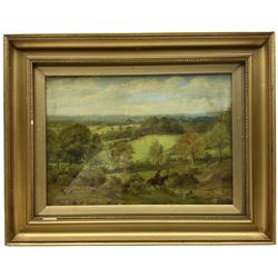 E Powell (British 19th Century): Gentleman Riding Across a Landscape, oil on board signed with initials and dated 1859, inscribed verso 19cm x 27cm; English School (Late 19th Century): Path Towards the Farm, watercolour unsigned 16cm x 20cm (2)