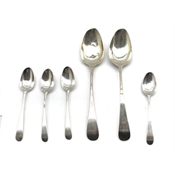  Pair of George III Old English pattern silver table spoons London 1802/1803 Maker Peter, Ann and William Bateman and four Hester Bateman tea spoons London 1782 5.3oz  