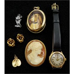 Gold-plated hunting dog locket pendant, silver Mickey Mouse brooch, pair of gold rose clip on earrings, gold cameo, coffee bean pendant and wristwatch, all 9ct