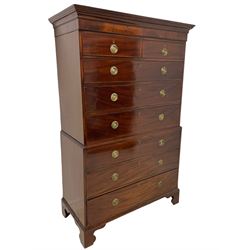 George III mahogany chest-on-chest, projecting cornice over banded frieze, fitted with two short over six long oak lined drawers, the cock-beaded facias with pressed brass plates and ring handles, lower moulded edge over bracket feet