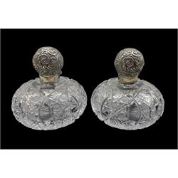Pair of Edwardian cut glass and silver mounted dressing table scent bottles by Henry Hobson & Sons, Birmingham 1901 H12cm