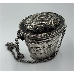 19th century Dutch silver peppermint box of oval design with embossed hinged cover and engraved body H4.5cm
