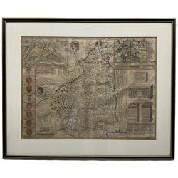 John Speed (British 1552-1629): 'Northumberland', engraved map with hand colouring with inset town plans of Berwick and Newcastle and armorials 38cm x 51cm