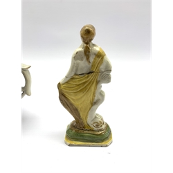 18th century Pratt type pearlware figure of a Classical Maiden (a/f) H15cm, Pratt type Pearlware jug relief moulded  with Classical figures and grape vine border and a 19th century Staffordshire transfer printed mug (3)