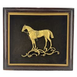 Victorian gilt metal plaque of a saddled horse on fabric background, framed 38cm x 43cm