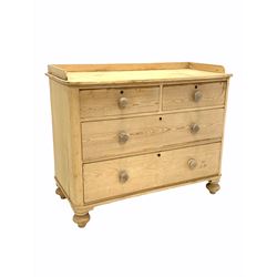 Victorian pine chest, the galleried top over two short and two long drawers, raised on turned supports W116cm, H96cm, D54cm