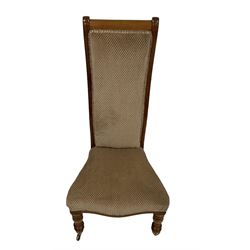 19th century walnut framed nursing chair, upholstered in hounds-tooth patterned fabric, raised on turned supports with castors (W48cm H96cm); Victorian Gillows design mahogany hall chair, circular panelled back, raised on turned supports (W45cm H88cm)