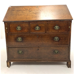 19th century country oak bureau, fall front revealing fitted interior, over three short and two long drawers, W107cm, H115cm, D53cm