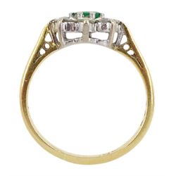 18ct gold round emerald and round brilliant cut diamond cluster ring, hallmarked, total diamond weight approx 0.25 carat