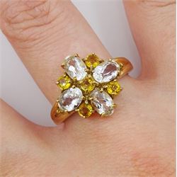 9ct gold oval white topaz and round citrine cluster ring, hallmarked
