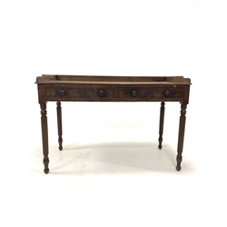 Georgian mahogany side table, three quarter galleried top over two frieze drawers, raised on ring turned and reeded supports, W123cm, H56cm, D85cm