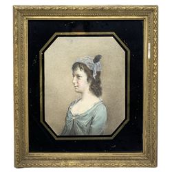 Attrib. George Engleheart (British 1750-1829): 'Miss [Frances] Gore of Tring Park', watercolour unsigned, inscribed on Victorian label verso, 21cm x 17cm housed in verre églomisé frame  
Provenance:  3rd Earl of Feversham 