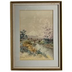 Ginnosuke Yokouchi (Japanese 1870-1942): Figures before Mount Fuji with Cherry Blossom Tree, watercolour signed 44cm x 30cm