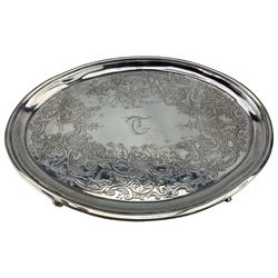 George III silver oval teapot stand engraved with pagodas, scrolls and monogram on four shaped supports W15cm London 1800 Maker possibly Solomon Hougham