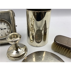 Silver challenge mug with inscription H12cm London 1899, large pocket watch in silver travelling case Birmingham 1912, four silver dressing table candlesticks, silver hand mirror and brush 