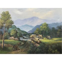 Jim (Continental 20th century): Indonesian Landscape with Figures and Elephants, oil on canvas signed 74cm x 100cm