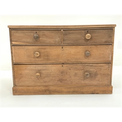 20th century pine chest fitted with two short and two long drawers, raised on plinth base, W119cm, H81cm, D56cm