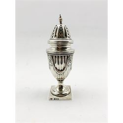Late Victorian silver vase shape sugar caster decorated with swags on a reeded ground, pedestal foot and square base H20cm London 1895 Maker Hawksworth Eyre & Co 6.6oz
