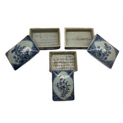 Three 18th/ 19th century Chinese rectangular blue and white boxes, all having inscriptions to the interior and floral decoration to the cover, L11cm max (3)