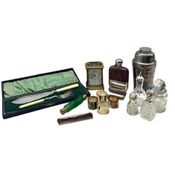 Early 20th century cut glass dressing table jars with silver mounts, brass carriage clock by Rowell, Oxford, Victorian green glass double-ended scent bottle with gilt metal hinged tops, hip flask etc