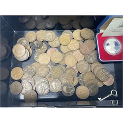 Queen Elizabeth II Bailiwick of Guernsey 1978 silver twenty five pence coin cased with certificate, Great British pre-decimal pennies and various 'Spade Guinea' type base metal gaming tokens, housed in a vintage cash tin 