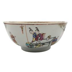 18th century Chinese porcelain bowl, having polychrome enamel and gilt decoration depicting figures seated at a table, rabbits, precious objects and children, the interior with spear head border, D14cm, Edo period Japanese globular form teapot and an 18th/ early 19th century Chinese Famille Rose 'Lotus' tea bowl, with Jiaqing six-character iron red mark (3)