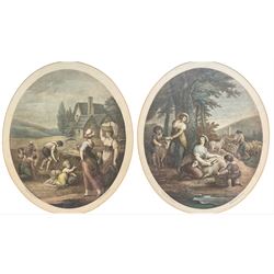 Francesco Bartolozzi (Italian 1727-1815) after William Hamilton (British 1751-1801): 'August' and 'July', pair oval stipple engravings with hand colouring pub. Thomas Macklin 1793,  30cm x 25cm (2)