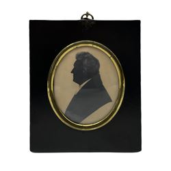 19th century silhouette head and shoulders portrait of a gentleman with grey highlights 9cm x 7cm in ebonised frame