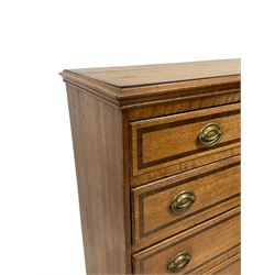 George III oak chest, rectangular top with mahogany banding and moulded edge, fitted with two short over four long graduating drawers, raised on bracket feet