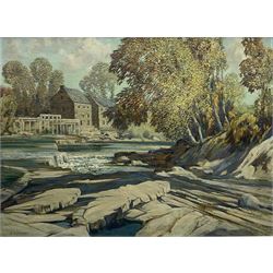 John Charles Moody (British 1884-1962): River Scene with Weir and House, oil on canvas signed 42cm x 57cm