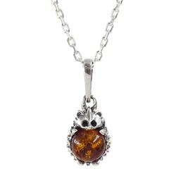 Silver Baltic amber hedgehog pendant necklace, stamped 925 