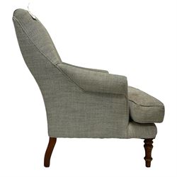 Traditional shape armchair, rolled arms over turned supports, upholstered in textured blue fabric