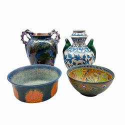 A 20th century Persian design vase with Parrot moulded handles, H28cm Gouda pottery bowl, Chameleon ware bowl and a large Devon Tors twin-handled pottery vase (4)