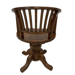 Barker and Stonehouse - reclaimed pine 'Villiers' swivel desk chair, slat back and scrolled arm terminals, on pedestal base, decorated with all-over fluting