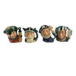 Seven Royal Doulton character jugs comprising Trapper, Old Salt, Lobster Man, The Falconer, Viking, Beefeater and Smuggler (7)