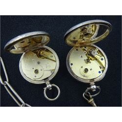 Two early 20th century silver cylinder ladies pocket watches, decorated white enamel dials with Roman numerals and a silver rectangular link watch chain, each link hallmarked