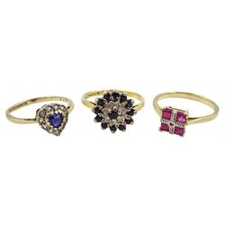 18ct gold sapphire and diamond cluster ring and two 9ct gold stone set cluster rings, all hallmarked