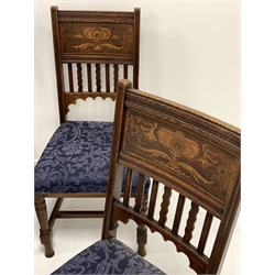 Set six late 19th century Art Nouveau period oak dining chairs with scrolled foliate inlay, upholstered seats, turned front supports connected by H stretchers 