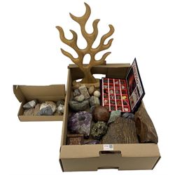 Collection of mineral specimens, worked mineral decorations, including an amethyst tealight holder, replica fossils, wooden items and axe 