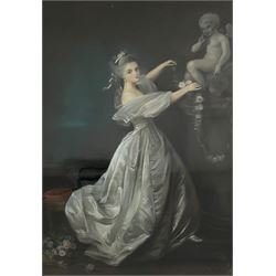 French School (20th century): Elegant Lady with Cupid Statue, pastel on paper signed indistinctly 78cm x 55cm