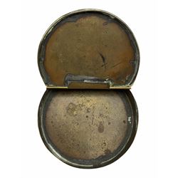 19th century circular brass tobacco box, the hinged cover engraved with initials and head and shoulders portrait of 'Sir Walter Ralegh' (sic) D9cm