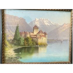 Continental School (20th century): Château de Chillon Lake Geneva, oil on metal signed with initials 'BC' 19cm x 24cm; Continental School (20th century): Dutch Windmill Landscape, oil on canvas signed 'Puxye' 23cm x 29cm (2)