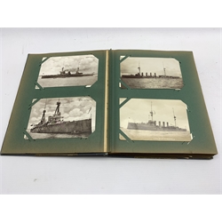 Post card album containing mainly early 20th Century Naval cards, warships, Channel Fleet, First Cruiser Squadron etc, two cards showing Paulhan's flight at Brooklands,  two of Bleriot's flight etc 